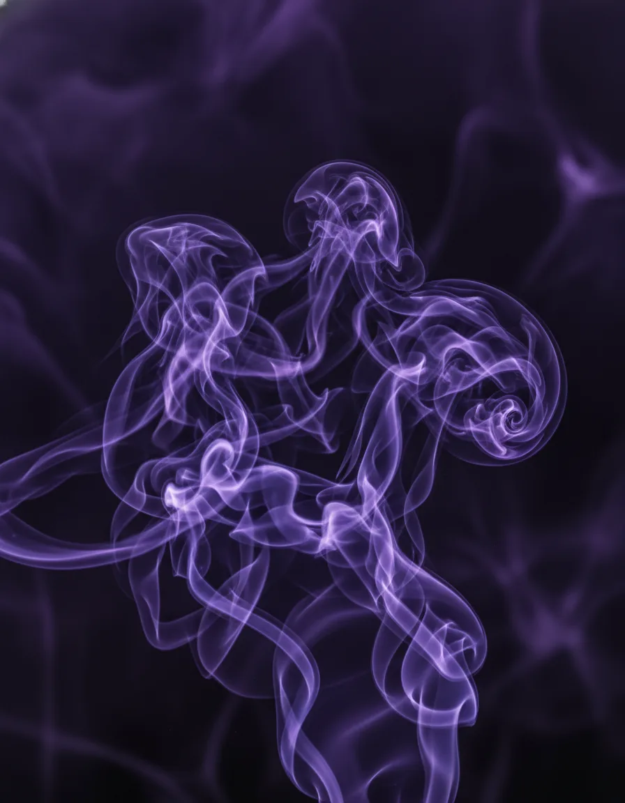 Violet smoke curling through the dark