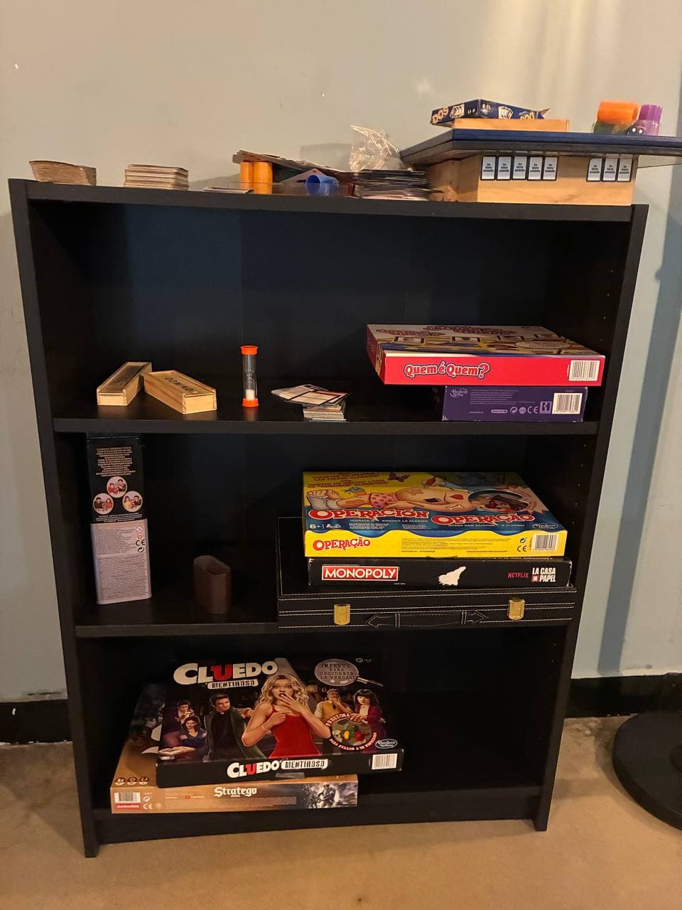 A shelf of board games